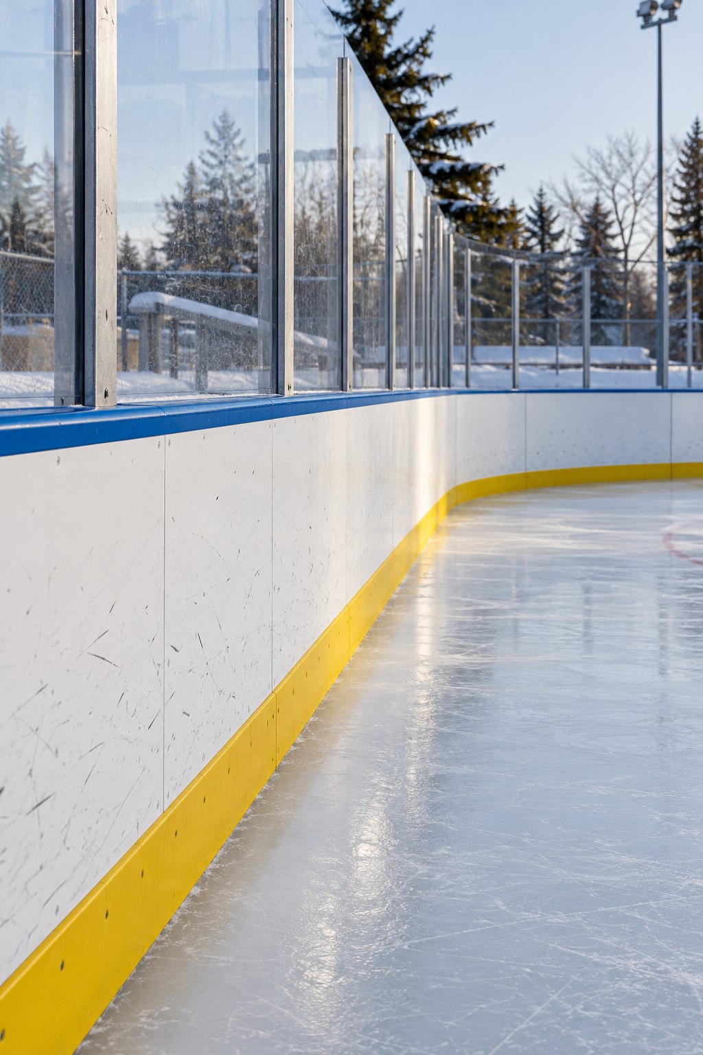 White HDPE puck board surrounding a community ice rink