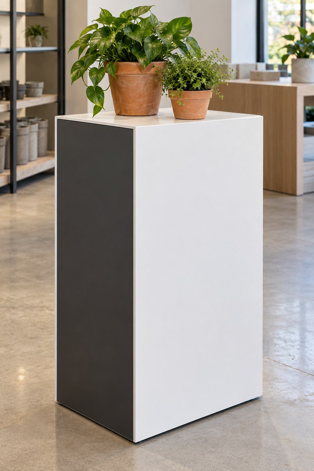 Freestanding ACM retail display plinth with plants