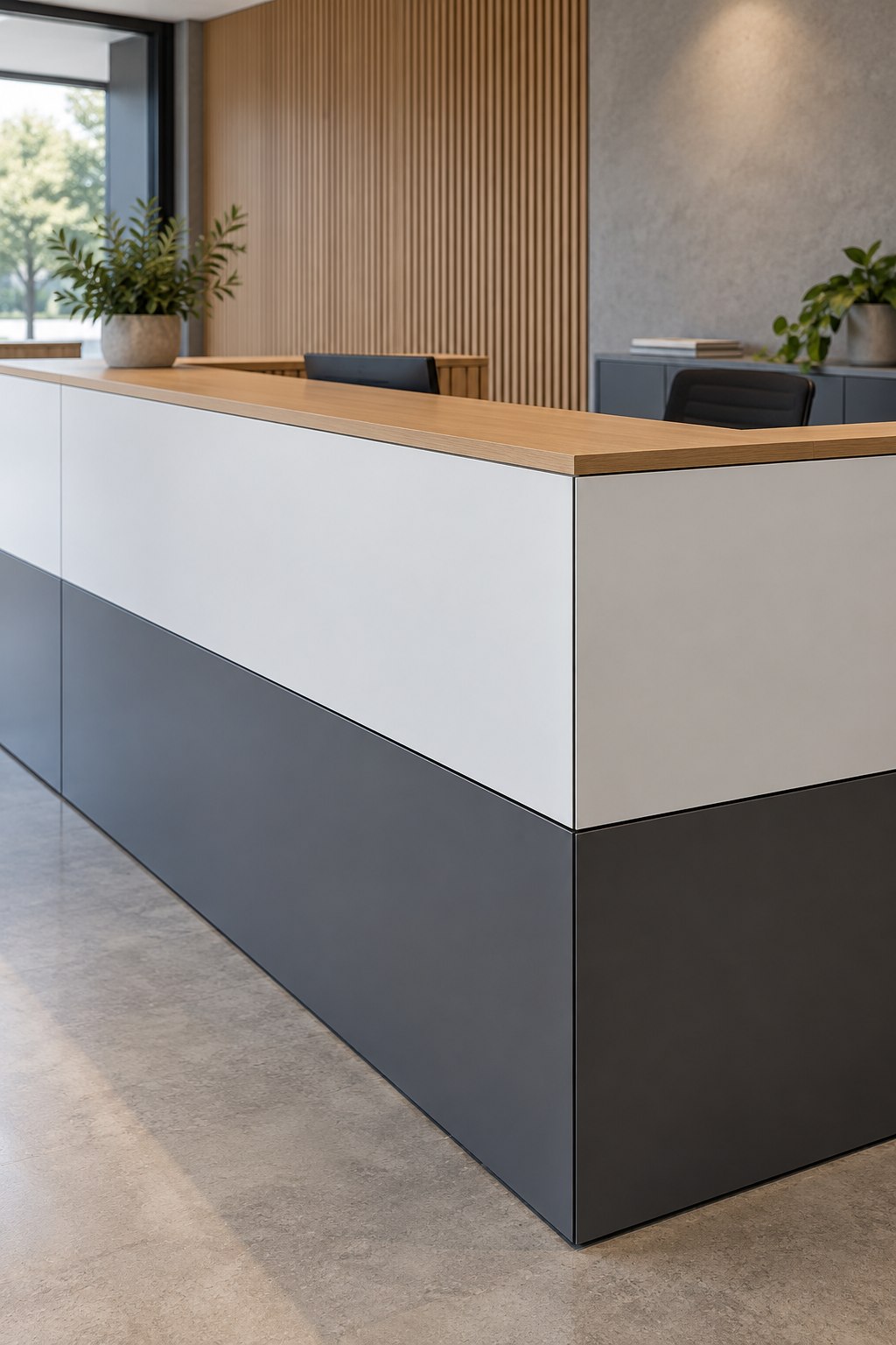Office reception desk clad in white and charcoal ACM panels