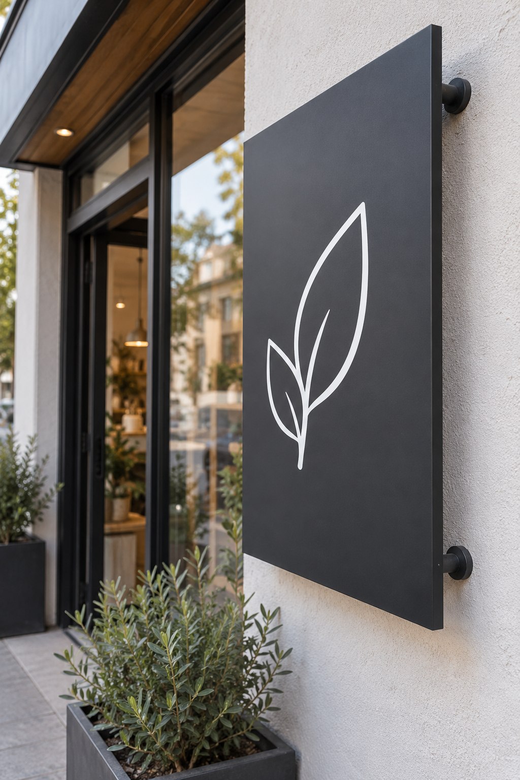 Charcoal ACM storefront sign panel with a simple leaf symbol