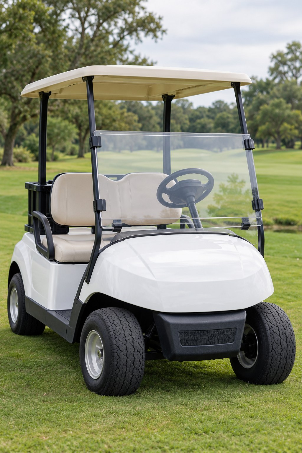 Clear acrylic windshield mounted on a white golf cart