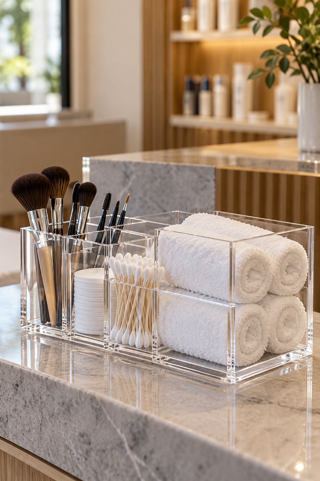 Clear acrylic organizer with neatly arranged salon supplies
