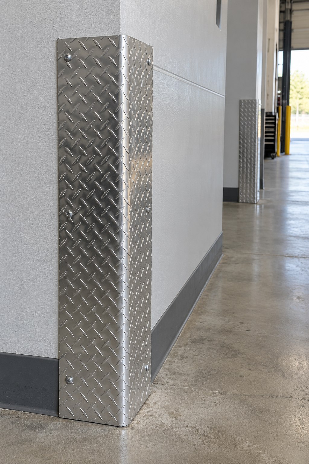 Aluminum diamond checker plate guards protecting workshop wall corners