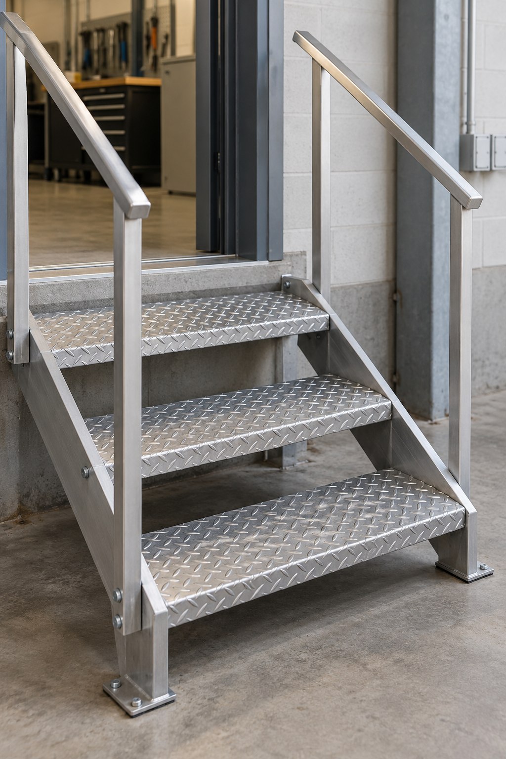 Aluminum diamond checker plate stair treads in a workshop