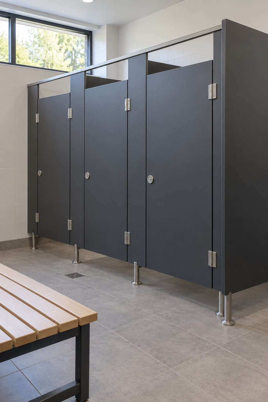 Solid HDPE privacy partitions in a recreation-centre changing room