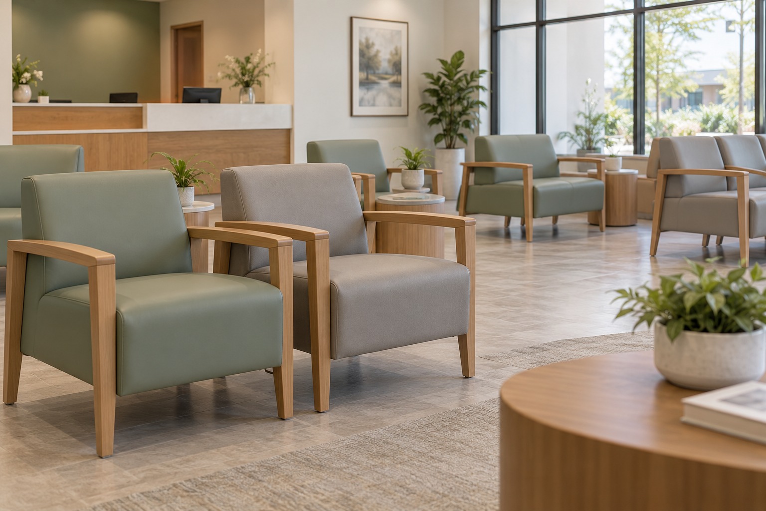 Clinic waiting room with wipe-clean upholstered seating