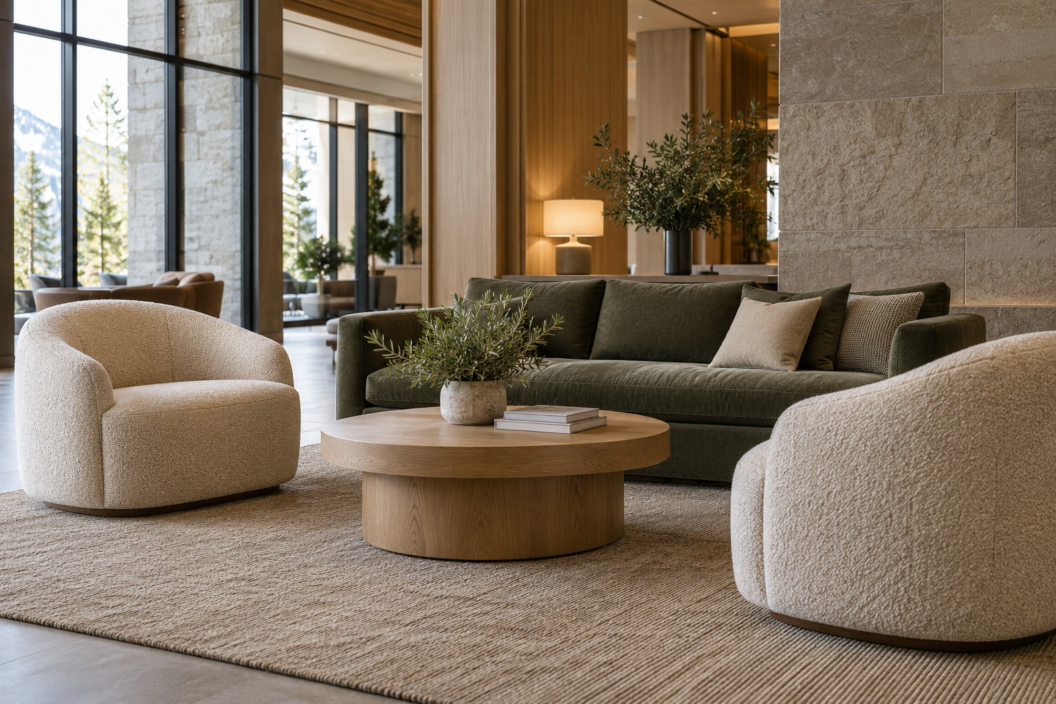 Hotel lobby with upholstered lounge chairs and sofa