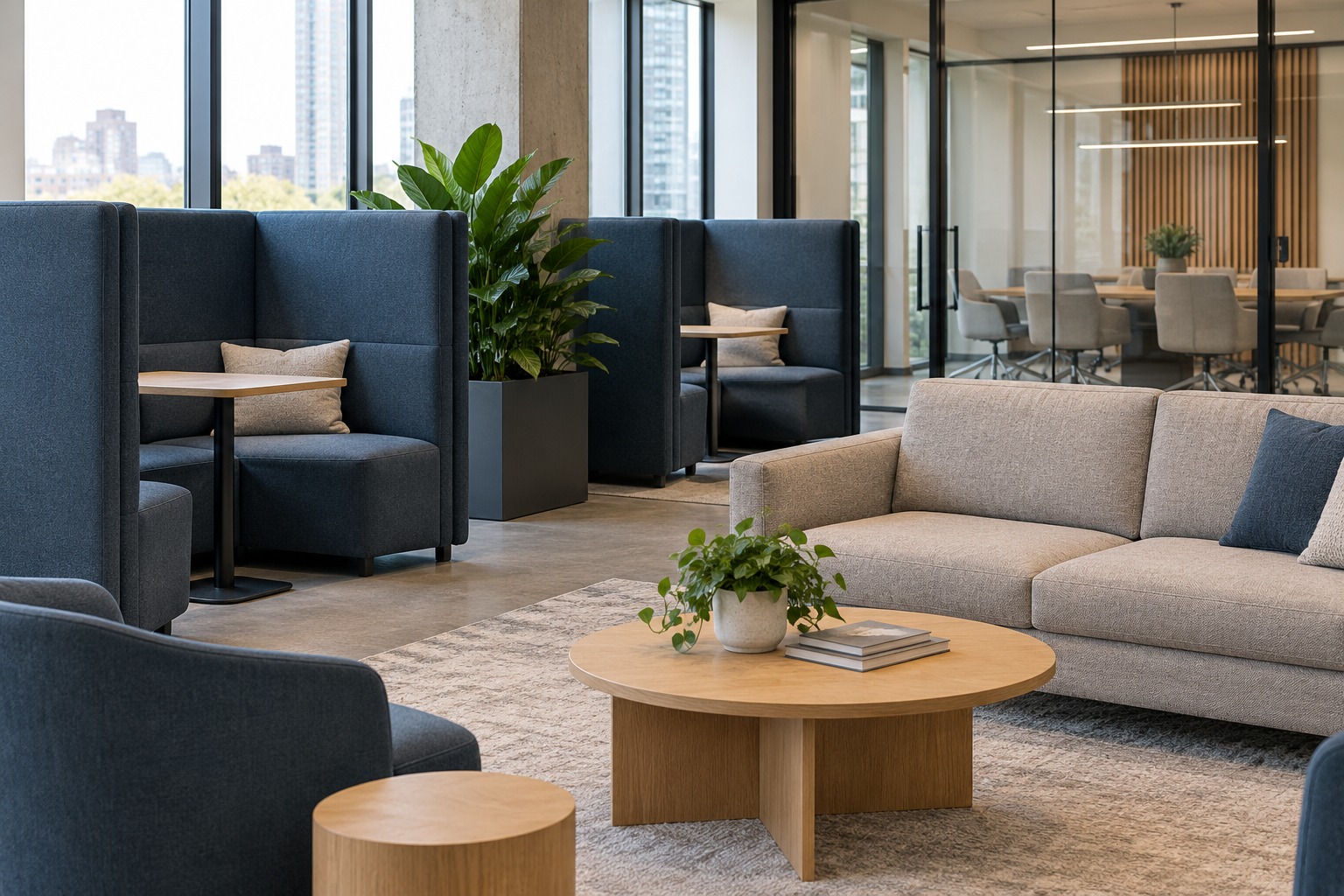 Office lounge with upholstered acoustic booths and sofa