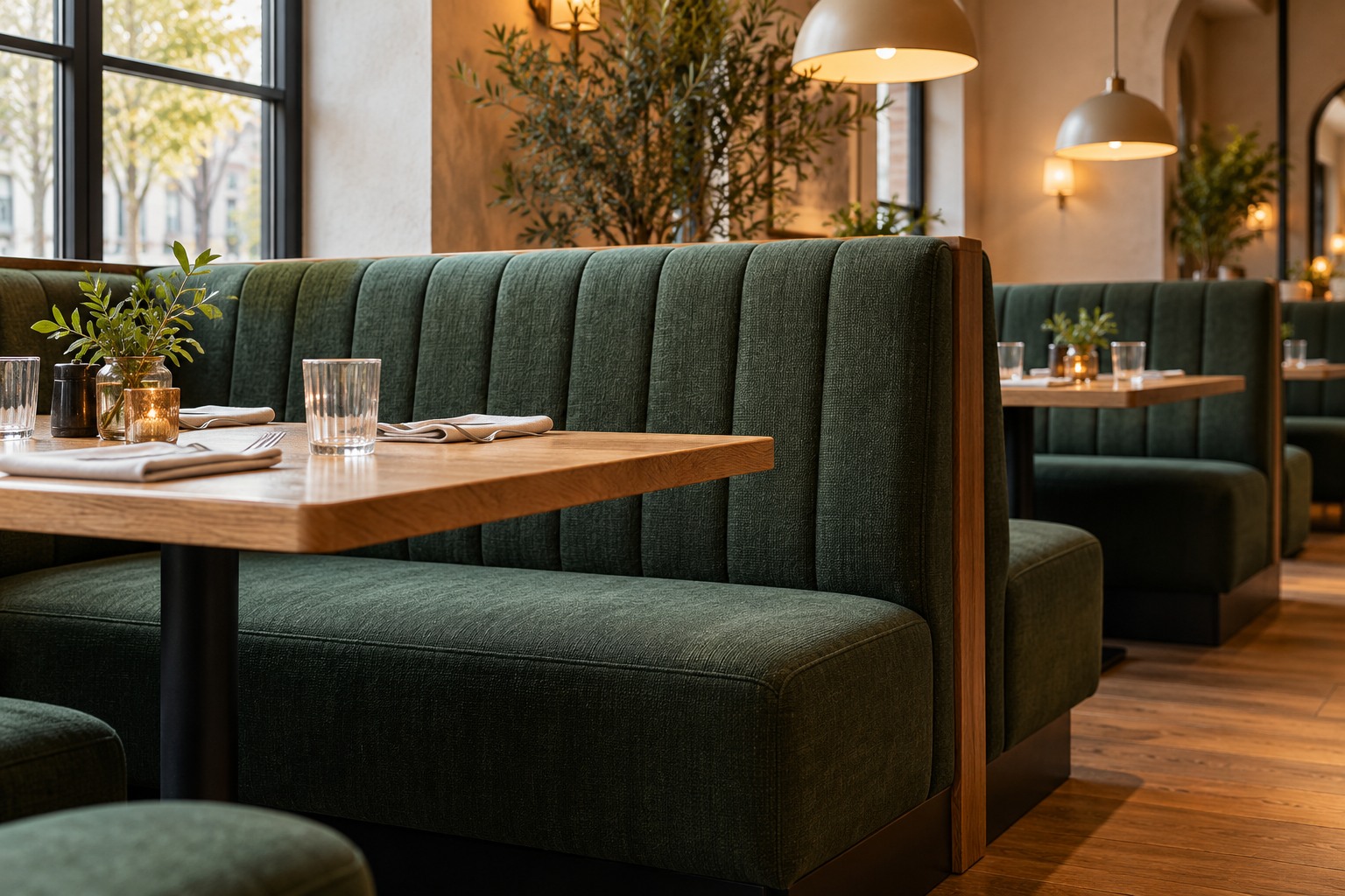 Restaurant booths with forest-green channel-stitched upholstery and oak tables
